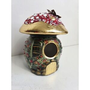 Hand Painted‎ Folk Mushroom Fairy Garden Bling Rose Flowers Ceramic Bird House
